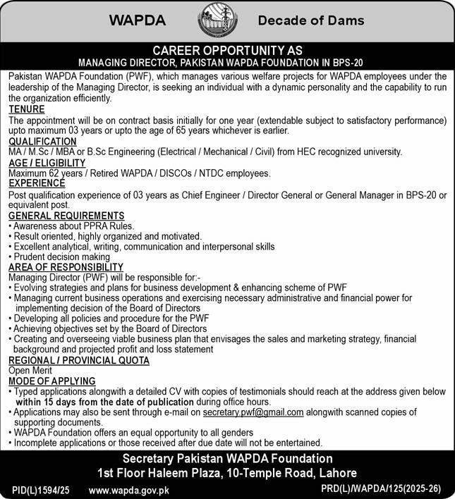 Water And Power Development Authority WAPDA Lahore Jobs 2025 Jobs 2025 — original advertisement