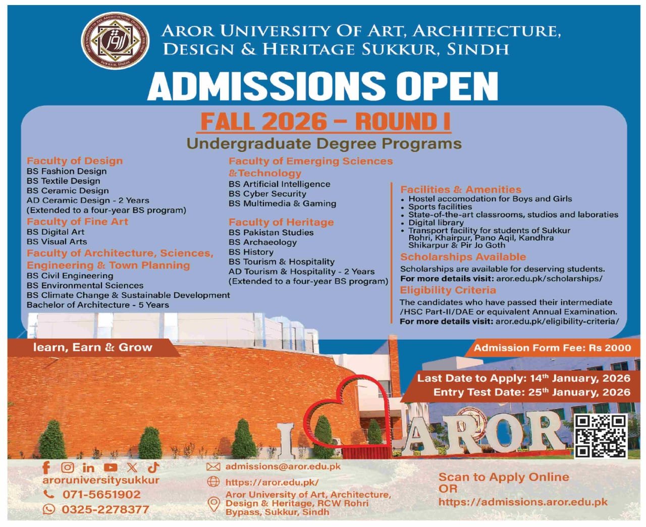 Admission Open in Aror University of Art Architecure Design – Aror university of Art Architecture Design & Heritages Sukkur Admissions 2025 — original advertisement