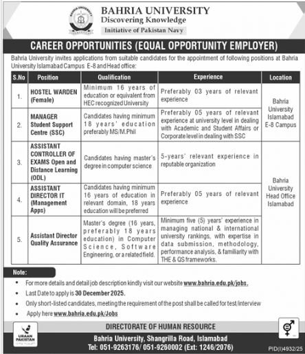 Bahria University Islamabad Jobs 2025 Jobs 2025 — original advertisement