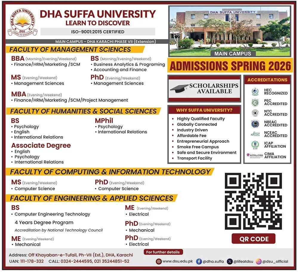 Admission Open in Dha Suffa University 2025 Admissions 2025 — original advertisement