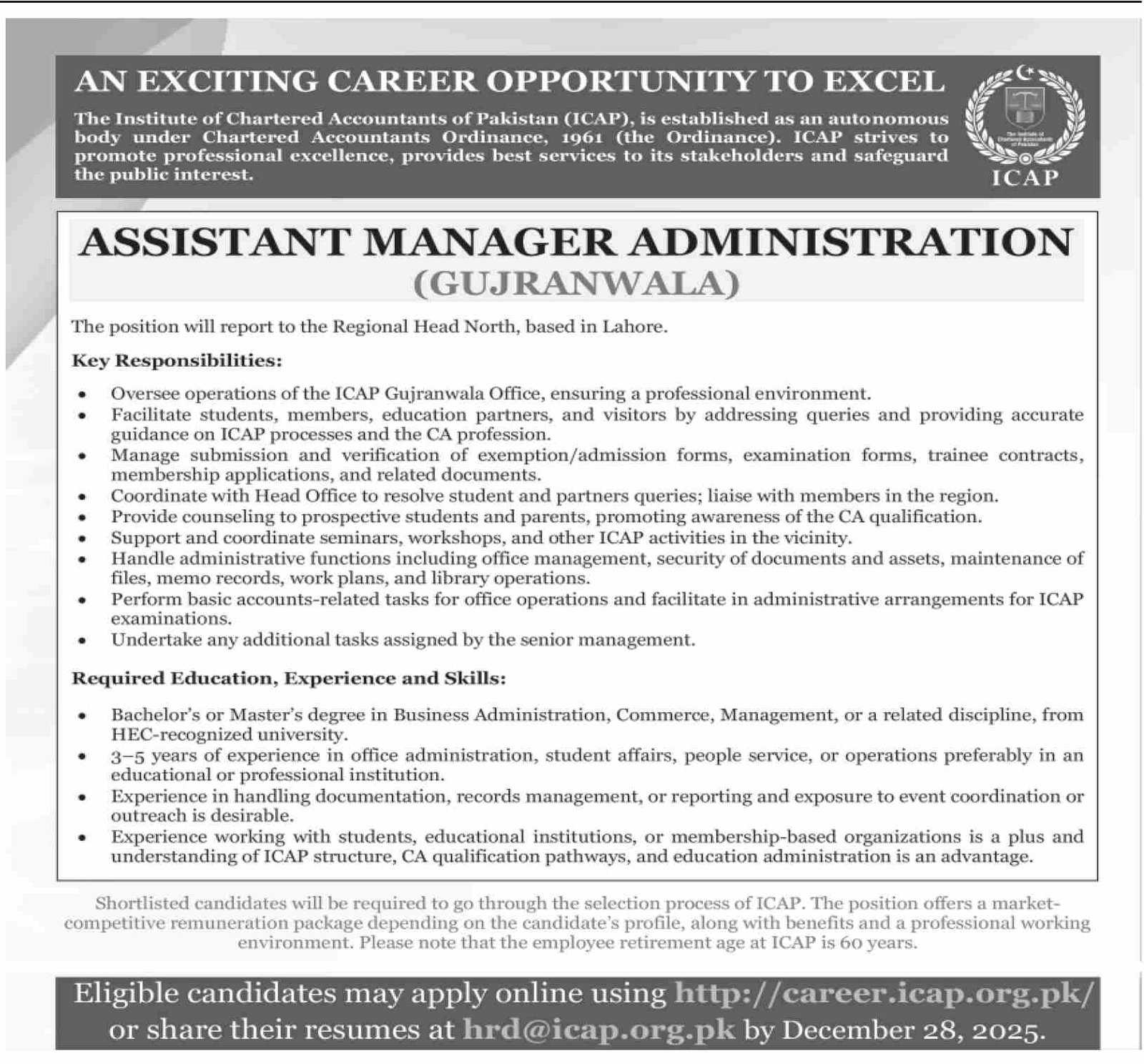 Institute Of Chartered Accountants Gujranwala Jobs 2025 – Department Controller General of Accounts Islamabad Jobs 2025 — original advertisement