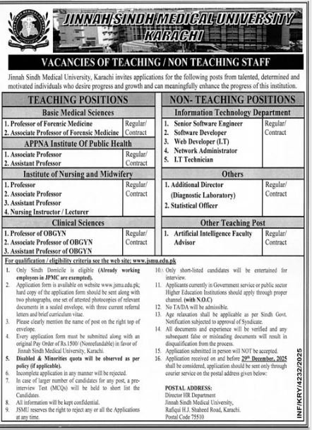 Jinnah Sindh Medical University Karachi Jobs 2025 Jobs 2025 — original advertisement