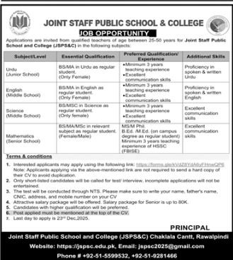 Joint Staff Public School & College Rawalpindi Jobs 2025 – Public Sector Organization Jobs 2025 — original advertisement