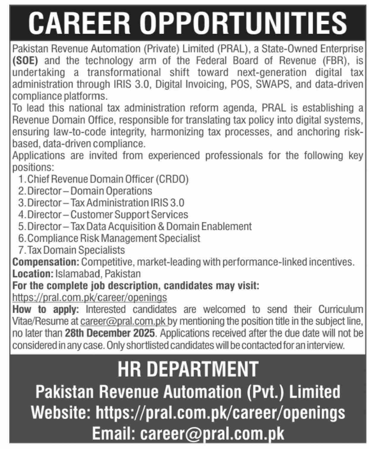 Pakistan Revenue Automation PRAL Jobs 2025 – Public Sector Organization Jobs 2025 — original advertisement