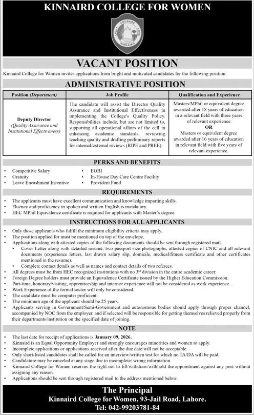 Punjab Kinnaird College For Women Jobs 2025 – Punjab Kinnaird College for Women Lahore Jobs 2025 — original advertisement