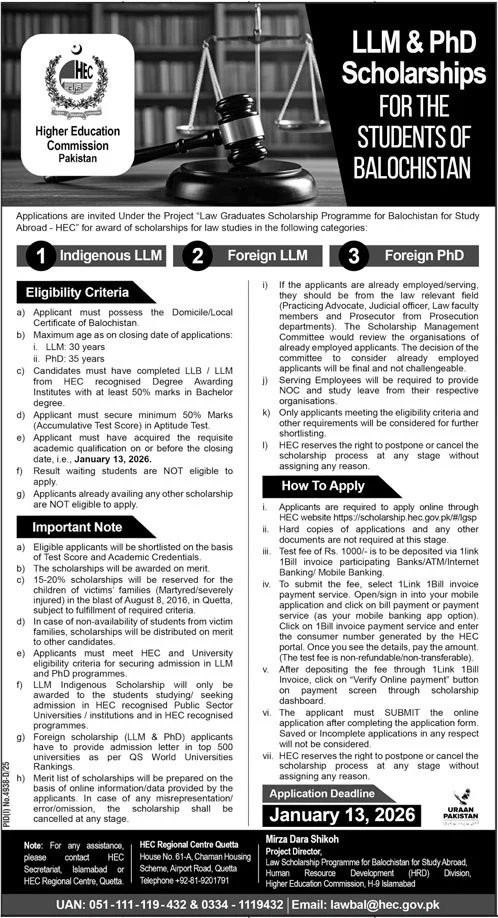 LLM & Phd Schlorship For the Students of Balochistan 2026 – Higher Education Commission Islamabad Jobs 2025 — original advertisement