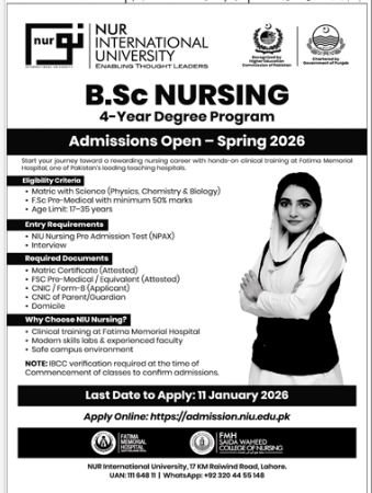 Admission Open in Nur International University Lahore 2025 Admissions 2025 — original advertisement