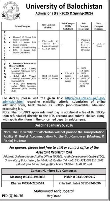 Admission Open in University of Balochistan 2026 Admissions 2025 — original advertisement