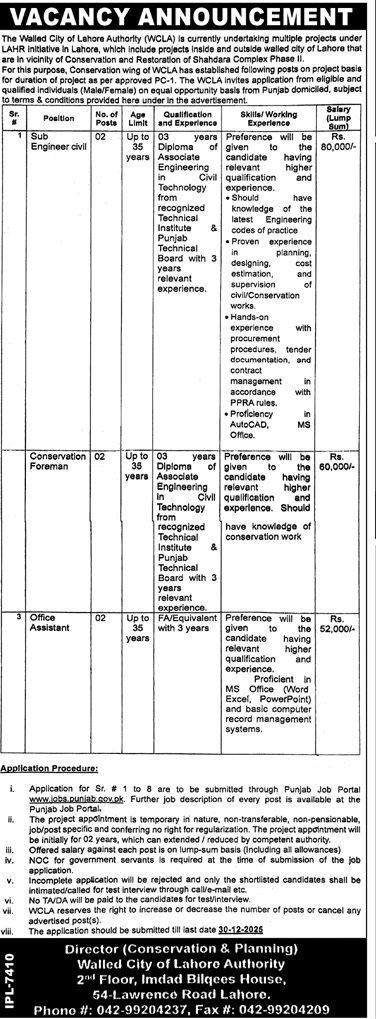 Walled City of Lahore Authority WCLA Jobs 2025 – Walled City Of Lahore Authority WLCA Jobs 2025 — original advertisement