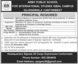Army Public School For International Studies Gujranwal jobs – Army Public School & College Paksitan Jobs 2025 — original advertisement