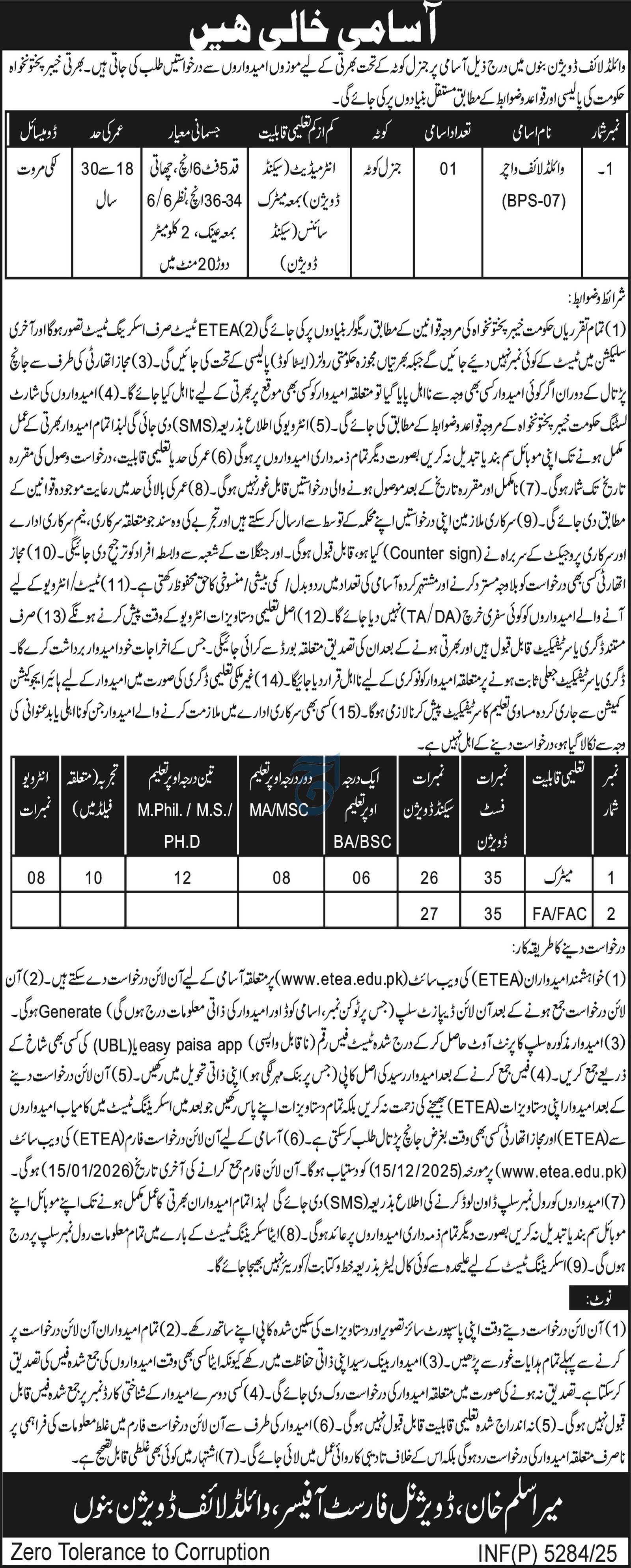 Wildlife Division Bannu Khyber Pakhtunkhwa Jobs 2025 – Forestry, Environment & WildLife Department KPK Jobs 2025 — original advertisement