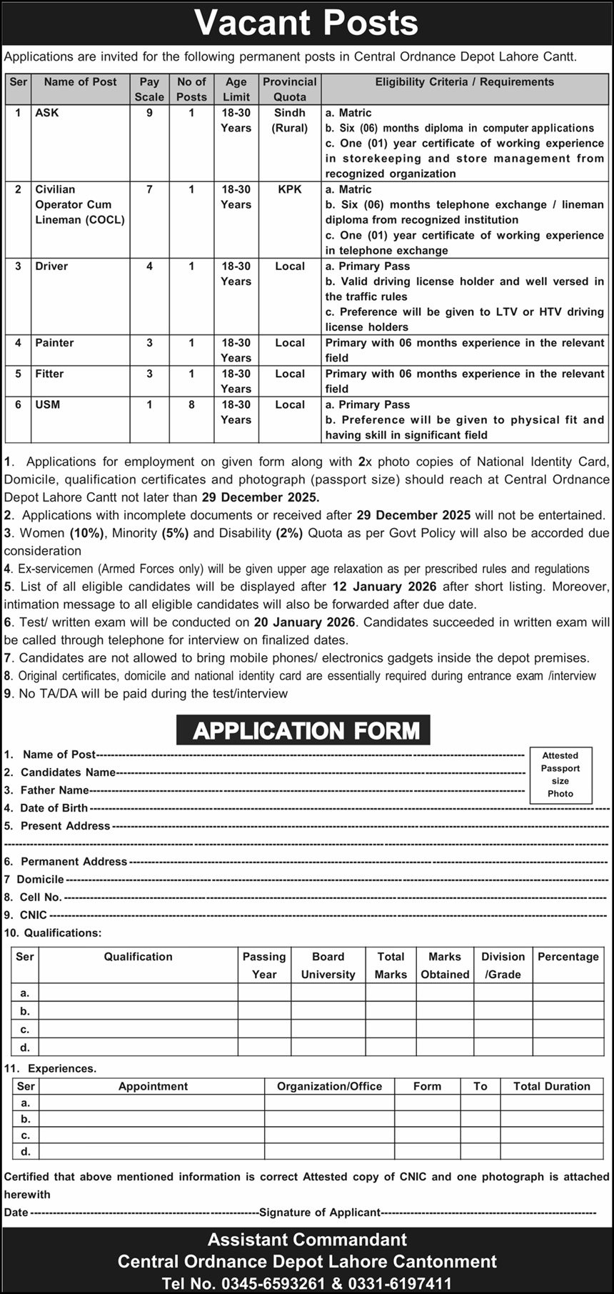 Central Ordnance Depot COD Lahore Cantt Jobs 2025 Jobs 2025 — original advertisement