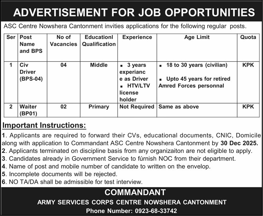 Army Service Corps Center Nowshera Jobs 2025 – Pakistan Army Jobs 2025 — original advertisement