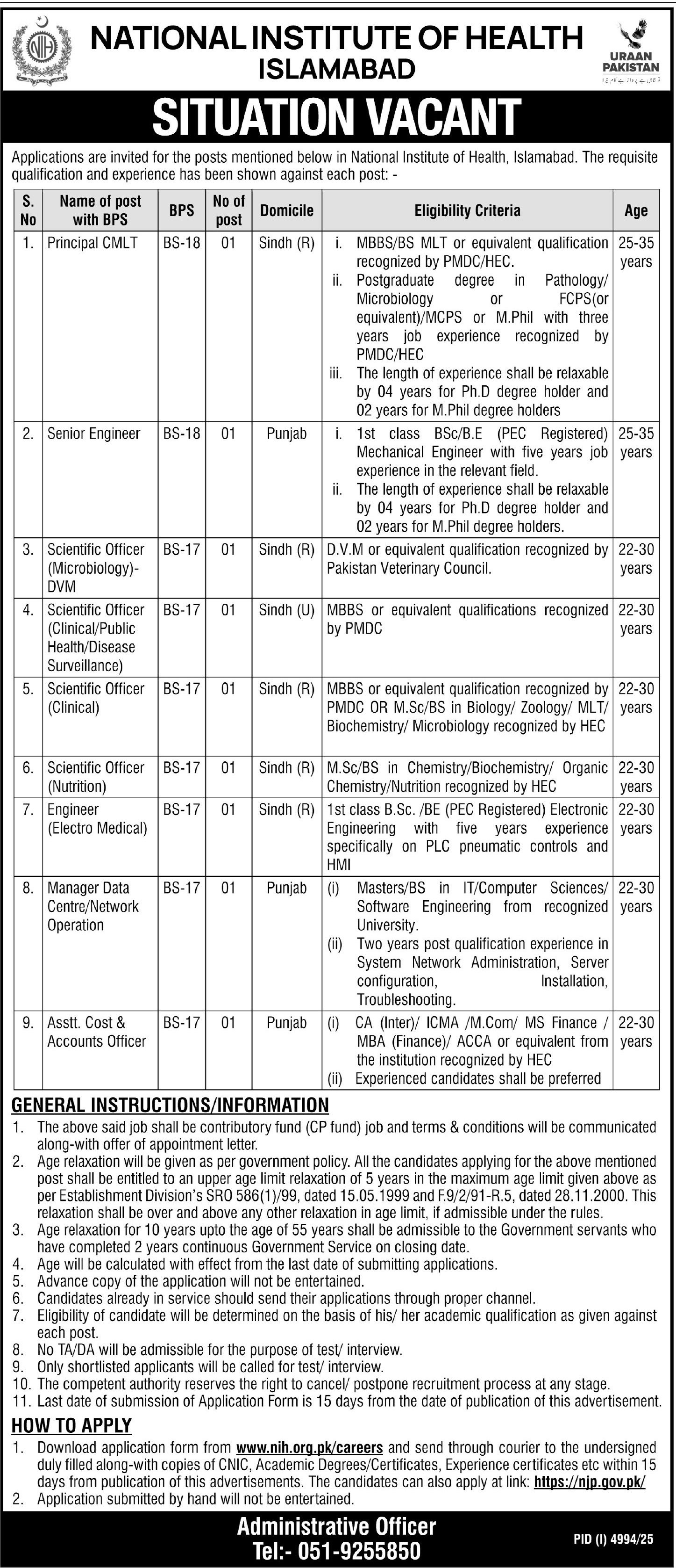 National Institute Of Health NIH Islamabad Jobs 2026 – National Institute of Management Nim Islamabad Jobs 2025 — original advertisement