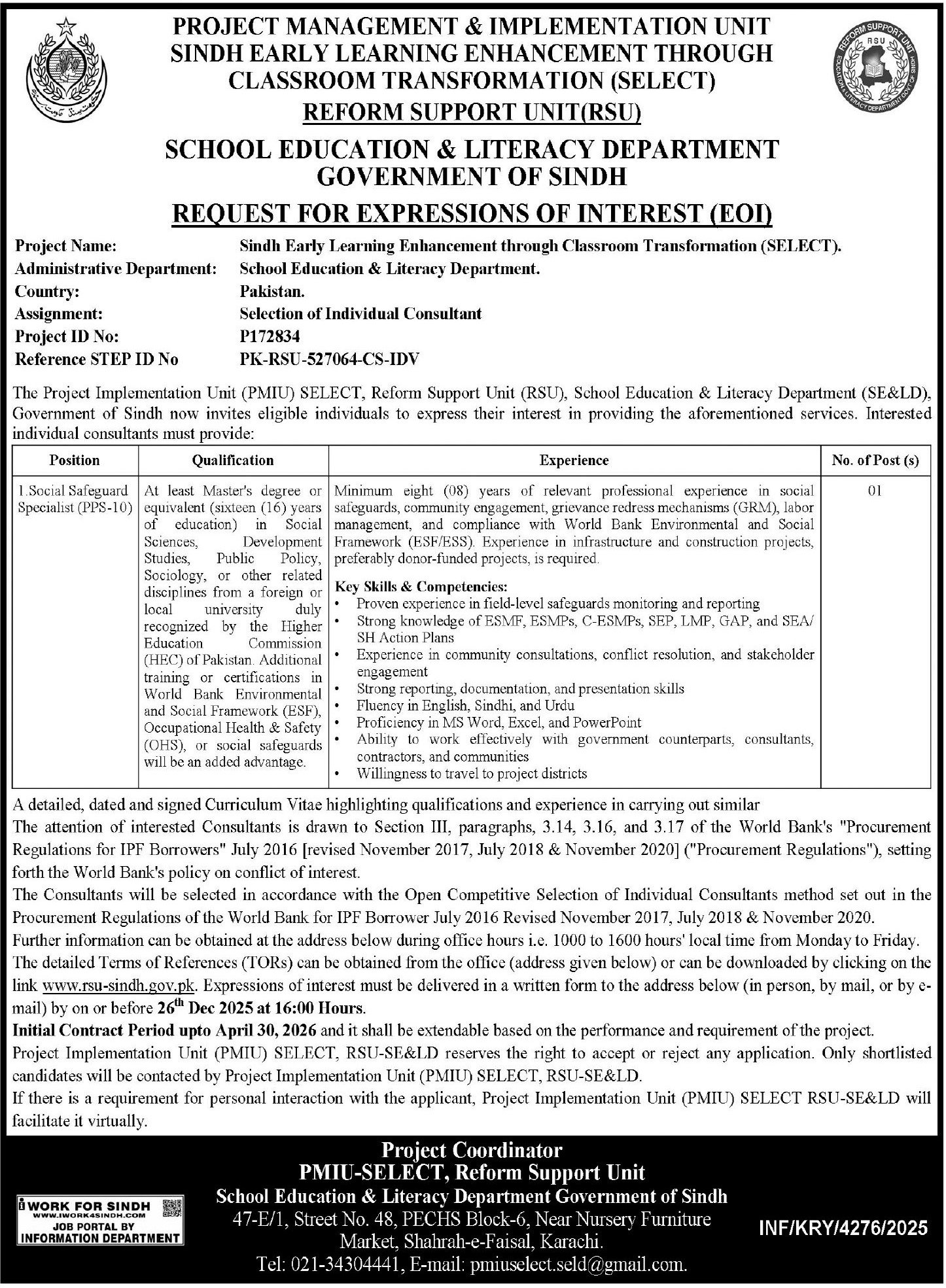 School Education & Literacy Department Karachi Jobs 2025 – School Education & Literacy Department Sindh Jobs 2025 — original advertisement