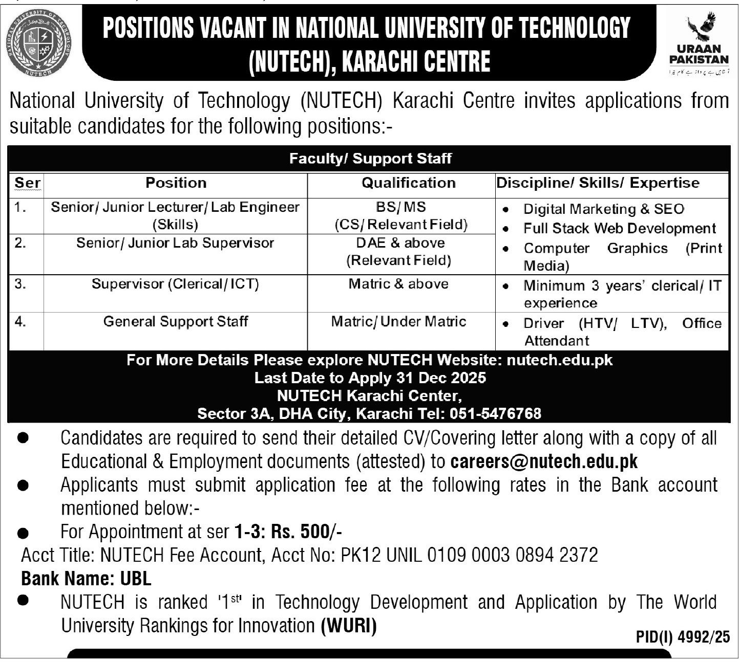 National University Of Technology NUTECH Karachi Jobs 2026 – National University of Technology NUTECH Islamabad Jobs 2025 — original advertisement