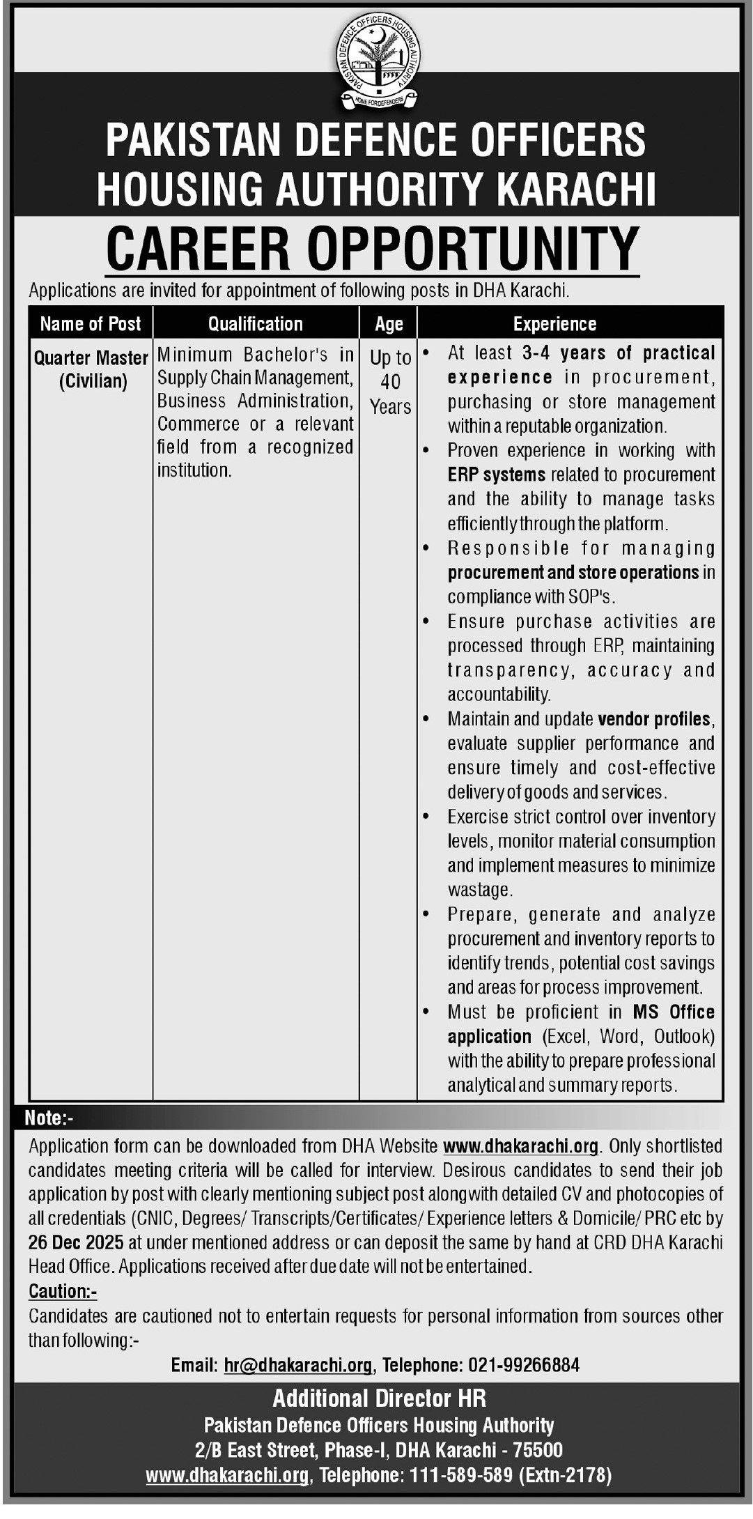 Pakistan Defence Officers Housing Authority DHA Jobs 2025 – Defence Housing Authority Jobs 2025 — original advertisement