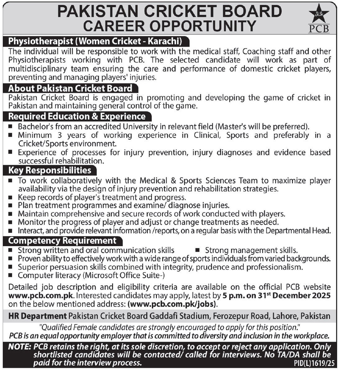 Pakistan Cricket Board PCB Jobs 2026 For Physiotherapist – Pakistan Cricket Board (PCB) Jobs 2025 — original advertisement