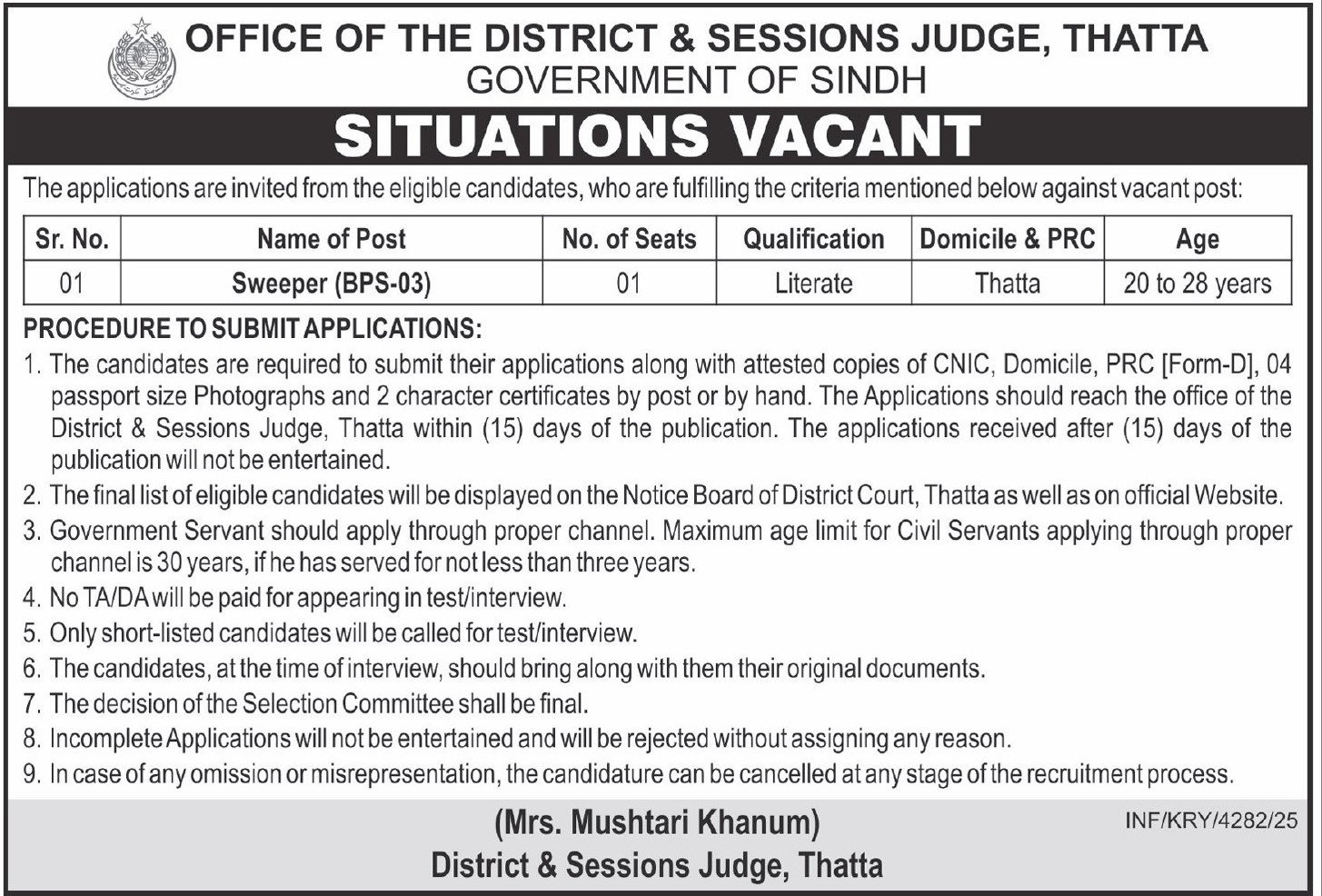 District & Session Judge Thatta Jobs 2026 For Sweeper Jobs 2025 — original advertisement