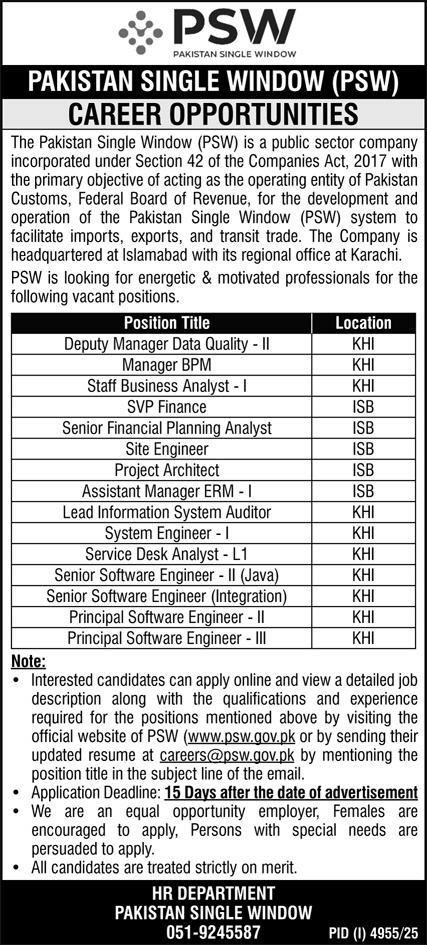 Pakistan Single Window PSW Jobs 2025 Jobs 2025 — original advertisement