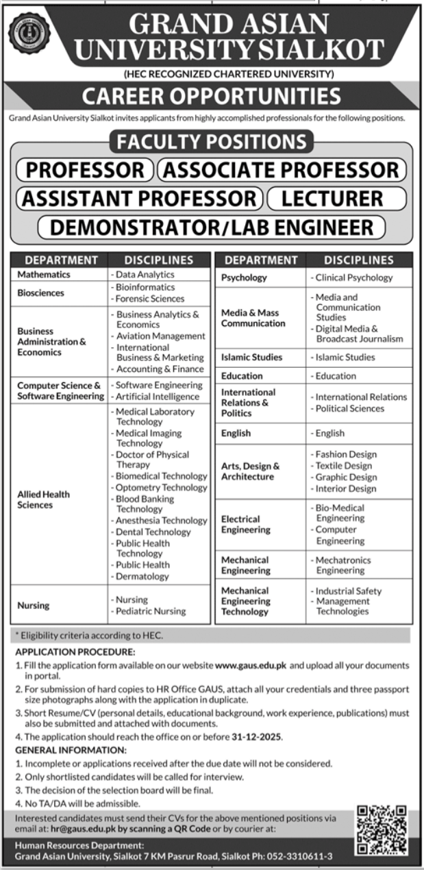 Grand Asian University Sialkot Jobs 2026 Jobs 2025 — original advertisement