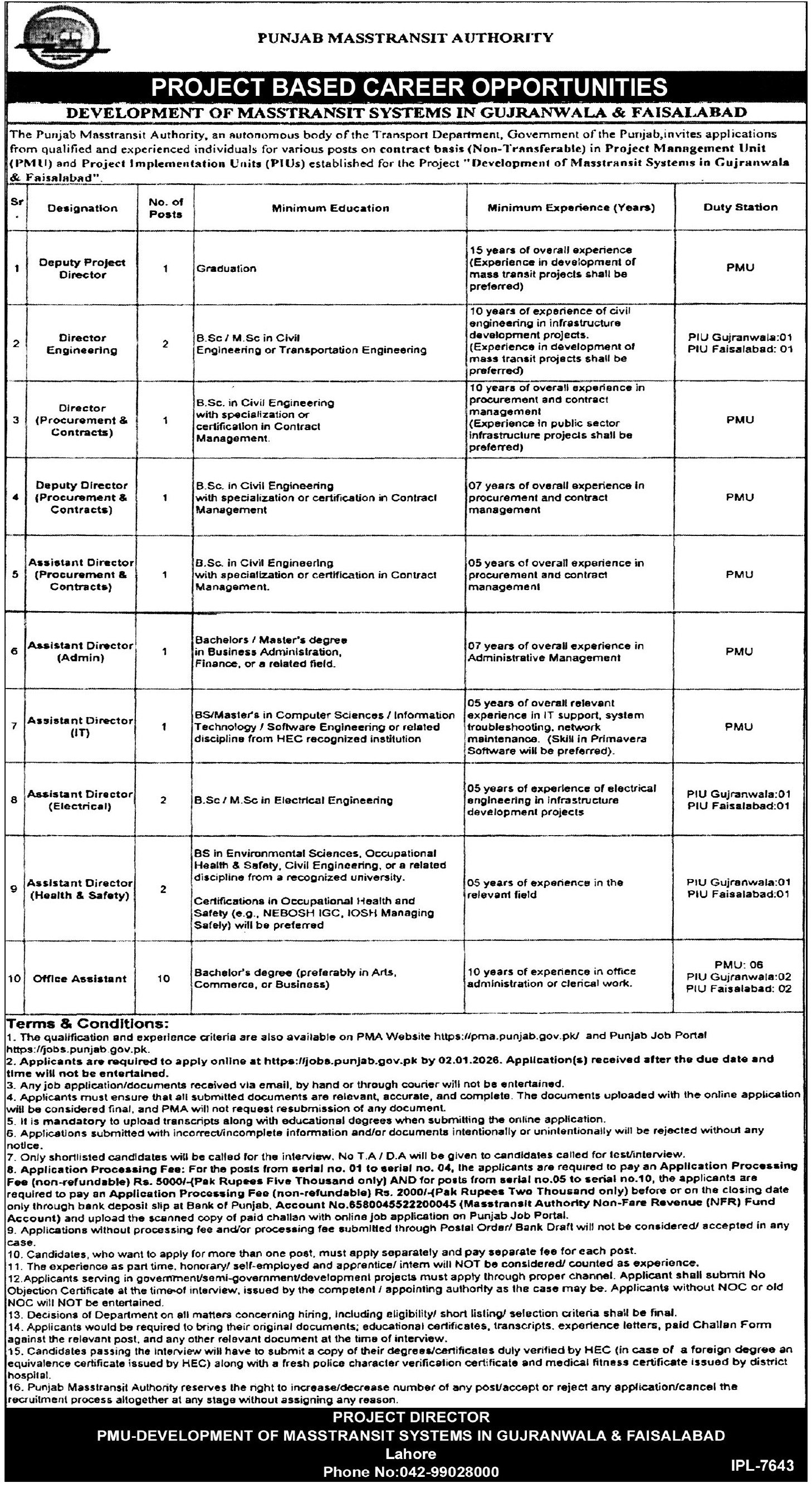 Punjab Masstransit Authority PMA Lahore Jobs 2026 Jobs 2025 — original advertisement