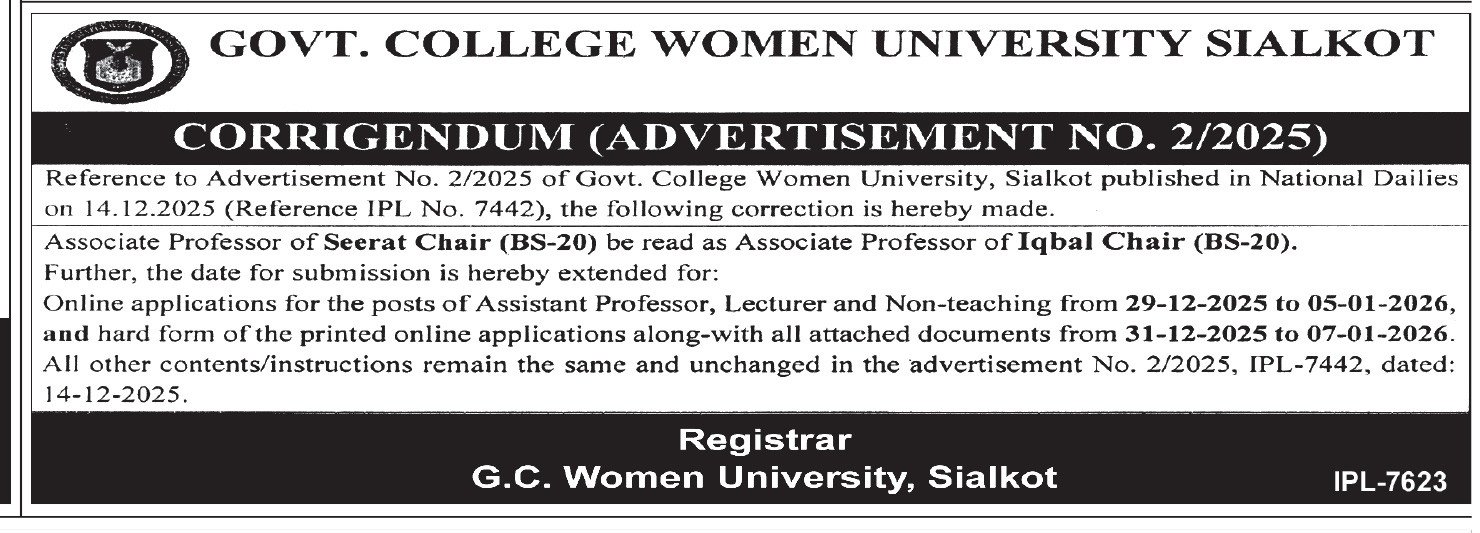 Government College Women University Sialkot GCWU Jobs 2026 Jobs 2025 — original advertisement