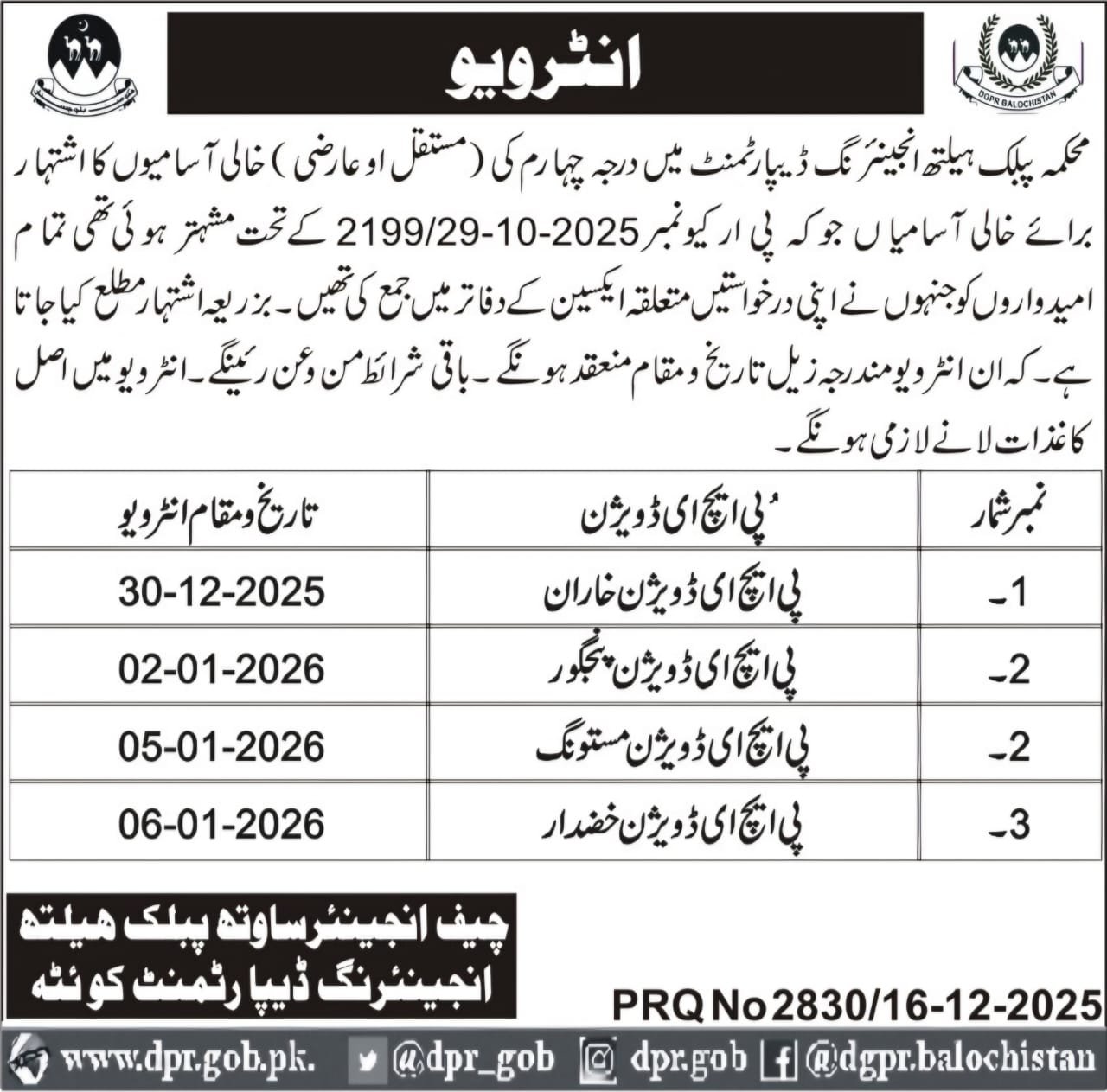 Public Health Engineering Department Balochistan Interview Jobs 2025 — original advertisement