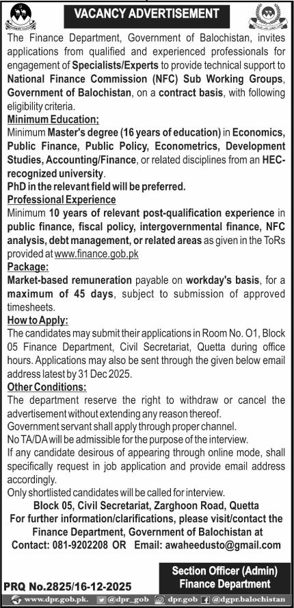 Finance Department Balochistan Jobs 2025 Jobs 2025 — original advertisement