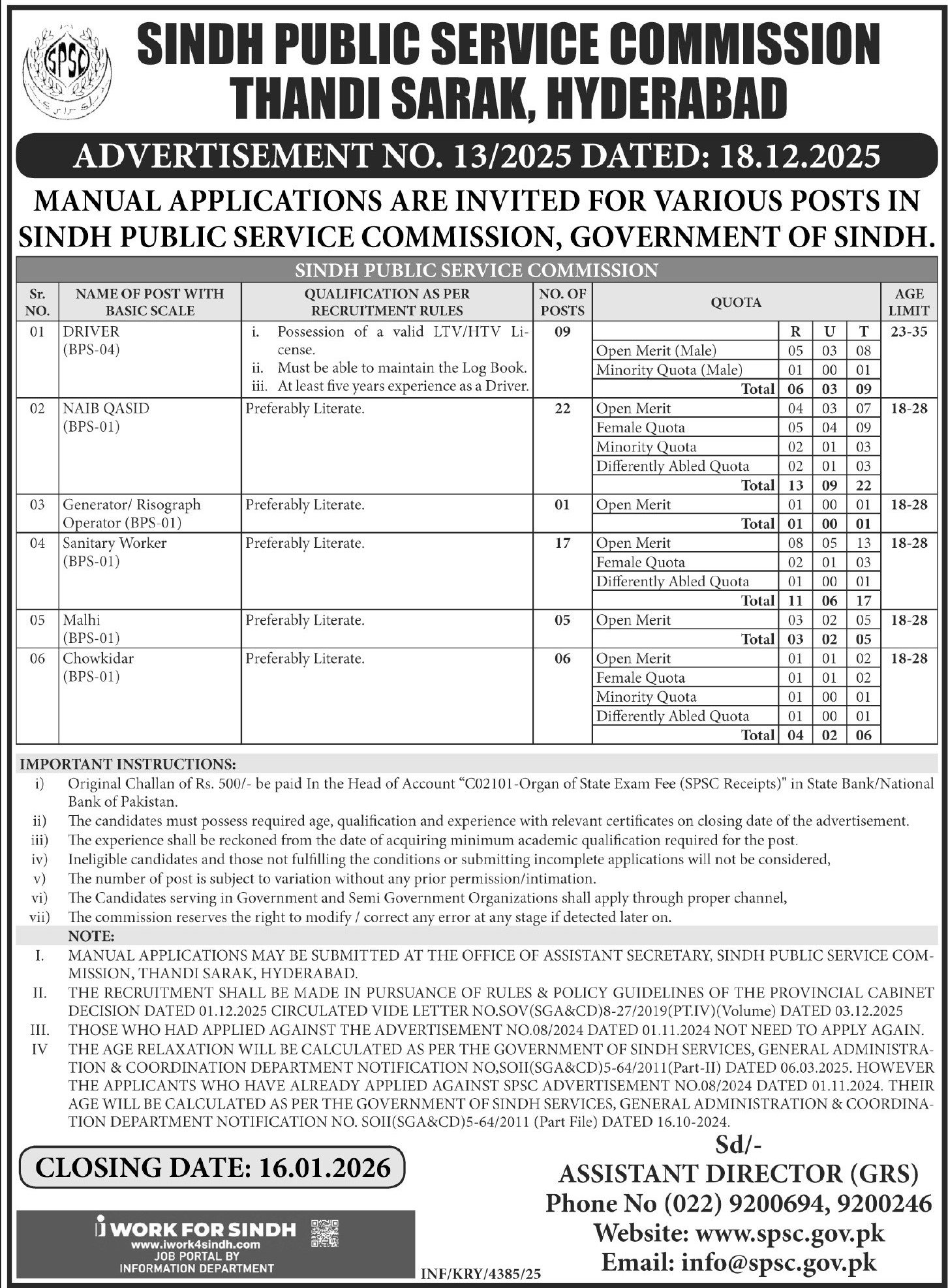 SPSC Sindh Public Service Commission Hyderabad Jobs 13/2025 – Sindh Public Service Commission at Karachi Jobs 2025 — original advertisement