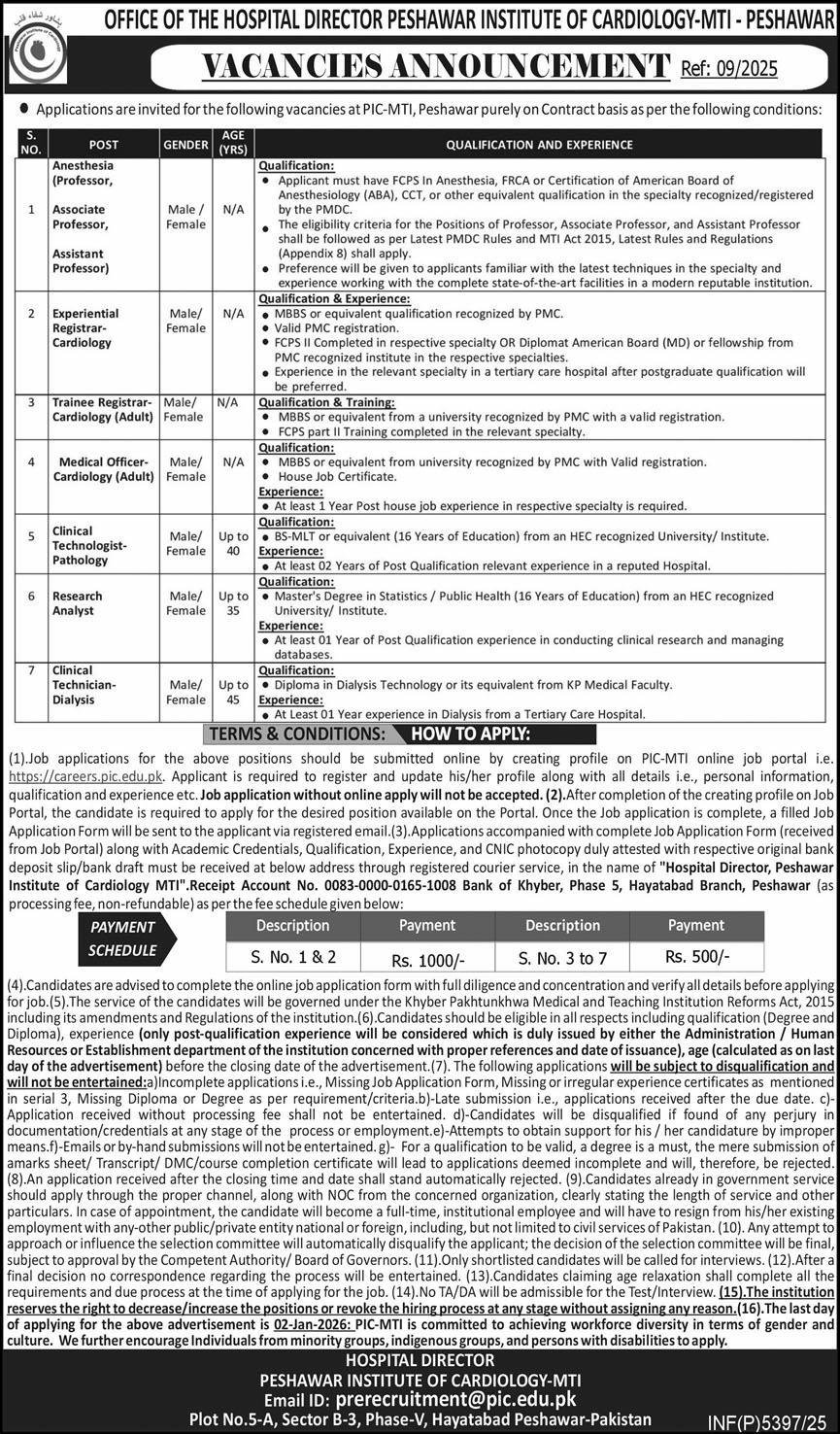 Peshawar Institute Of Cardiology PIC MTI Peshawar Jobs 2026 Jobs 2025 — original advertisement