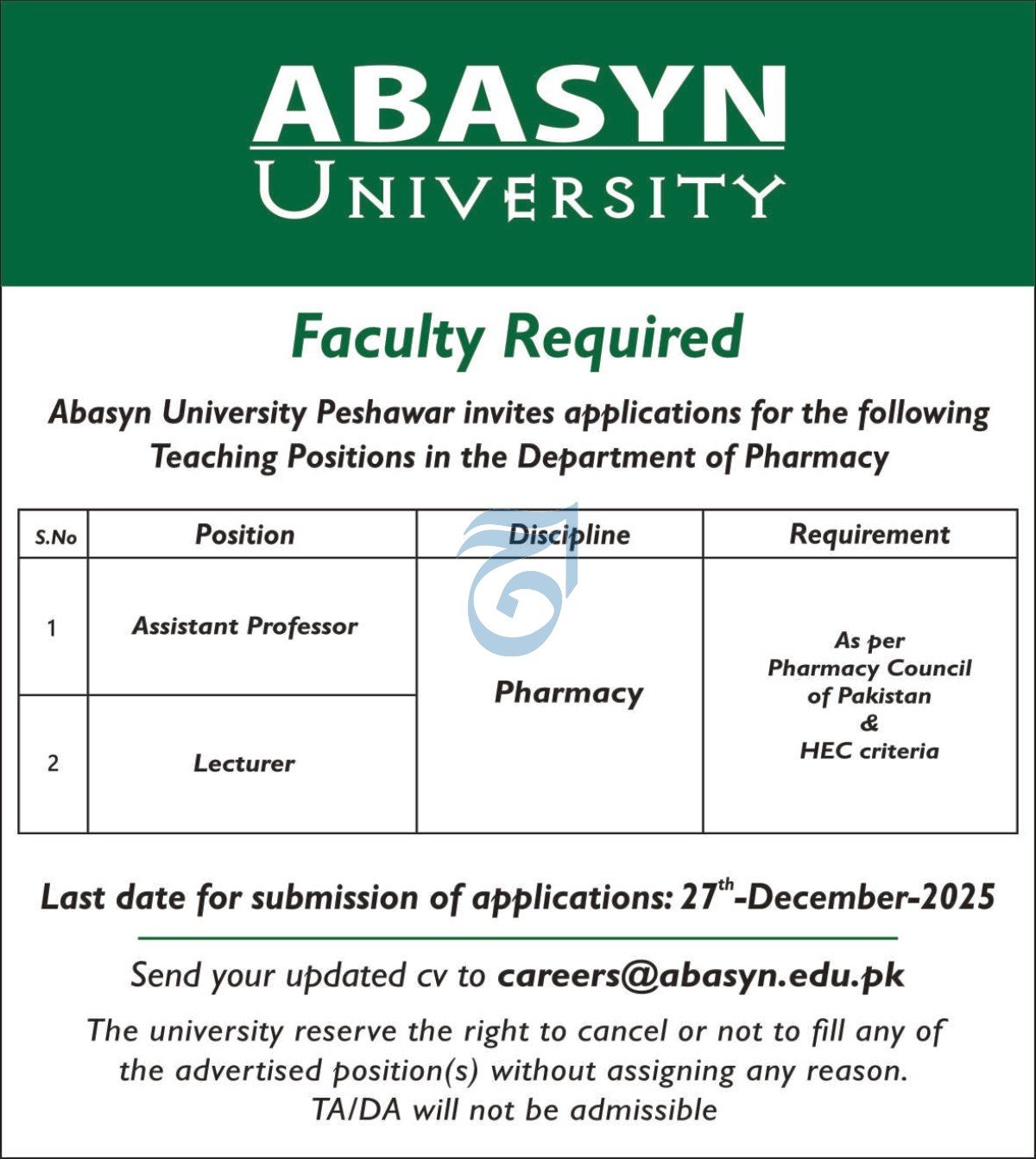 Abasyn University Peshawar Jobs 2025 Jobs 2025 — original advertisement