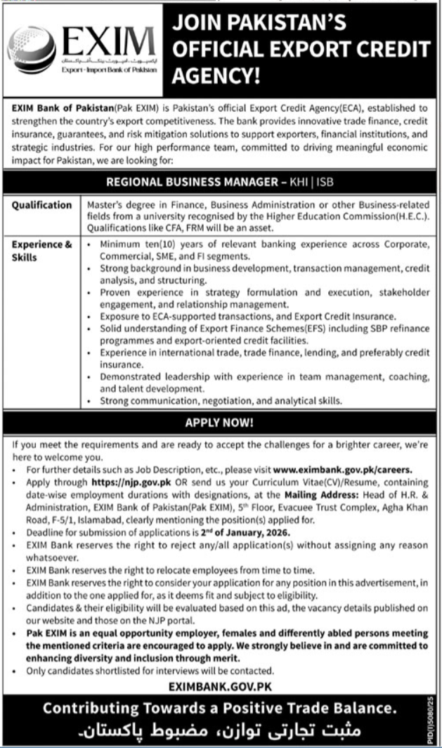 Exim Export Import Bank Of Pakistan Jobs 2026 – EXIM Bank of Pakistan Jobs 2025 — original advertisement