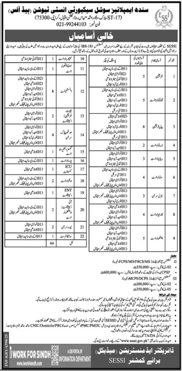 SESSI Sindh Employees Social Security Institution Jobs 2026 – Sindh Employees Social Security Institution SESSI Karachi Jobs 2025 — original advertisement