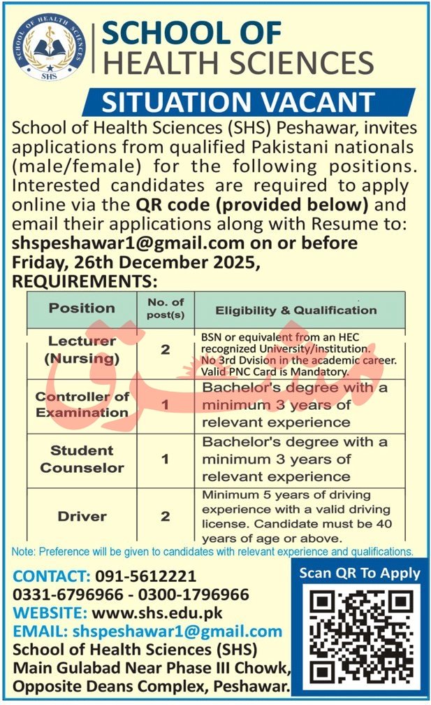 School of Health Sciences Peshawar Jobs 2025 – Public Sector Organization Jobs 2025 — original advertisement