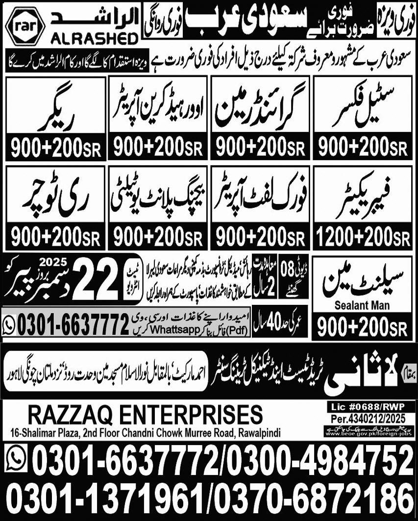 Steel Fixer and Rigger Jobs in Saudia Arabia 2025 – Lasani Trade Test & Technical Training Center Jobs 2025 — original advertisement