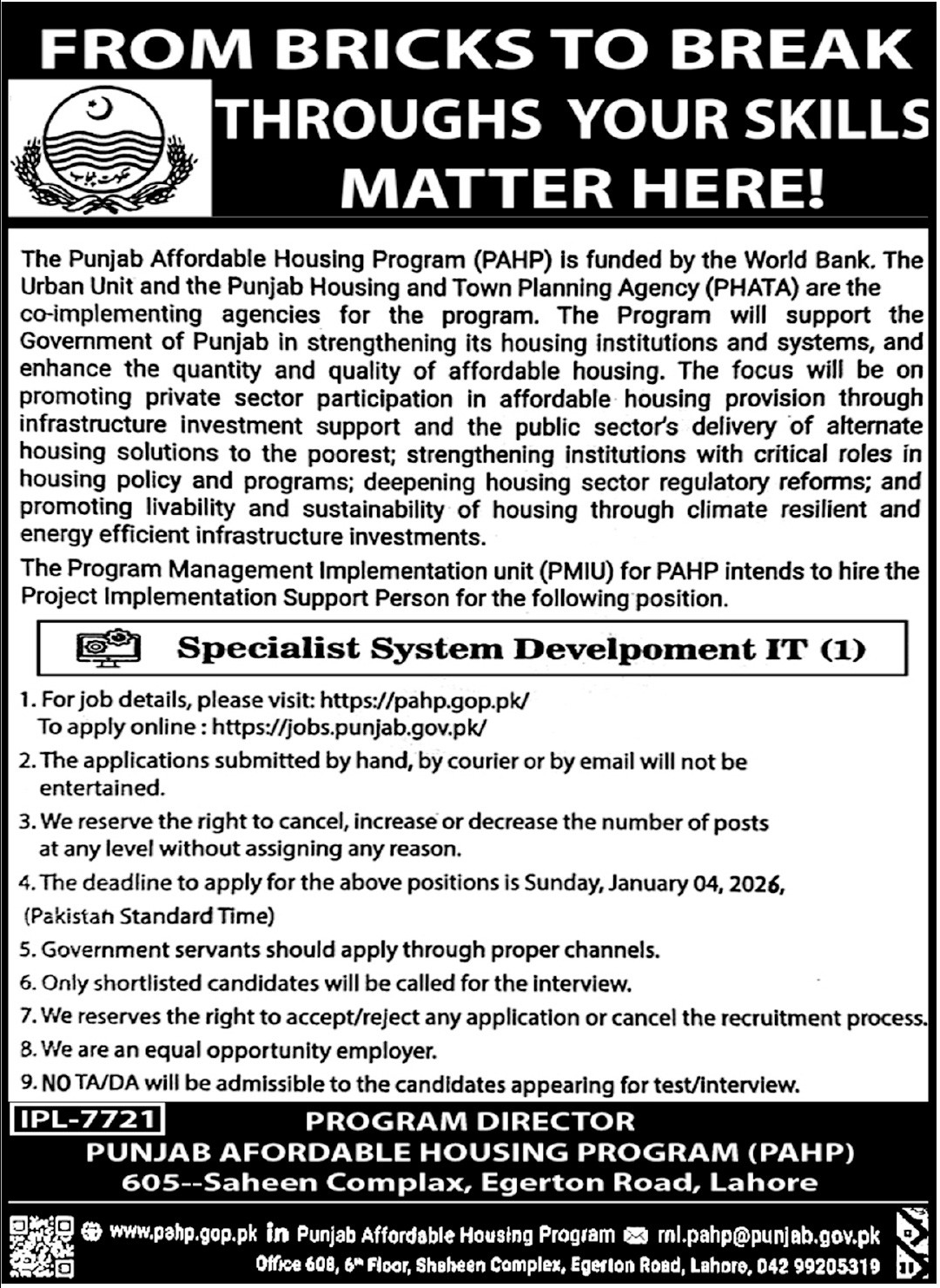 Punjab Affordable Housing Program PAHP Jobs 2025 Jobs 2025 — original advertisement