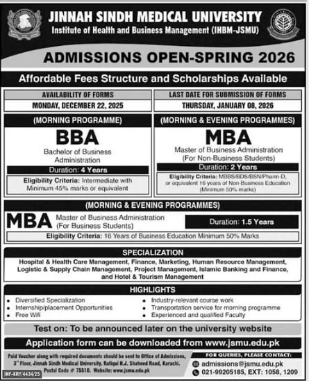 Admission Open in Jinnah Sindh Medical University 2026 – Jinnah Sindh Medical University Karachi Admissions 2025 — original advertisement