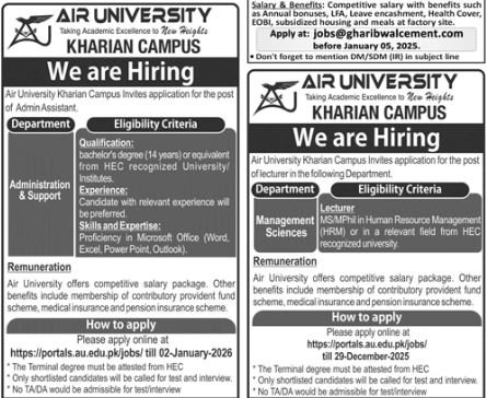 Air University Kharian Campus Jobs 2025 – Air University Multan Campus Jobs 2025 — original advertisement