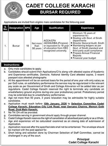 Cadet College Karachi Sindh Jobs 2025 – Hub Cadet College Karachi Jobs 2025 — original advertisement
