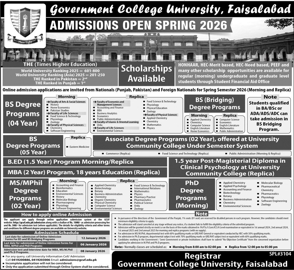 Admission Open in Government College Univeristy Faislabad – Government College University Faisalabad Admissions 2025 — original advertisement