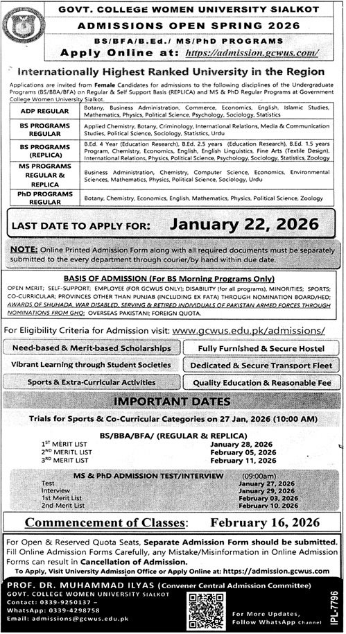 Admission Open in Govt College Women University Sialkot 2026 – Govt College university Faisalabad Admissions 2025 — original advertisement