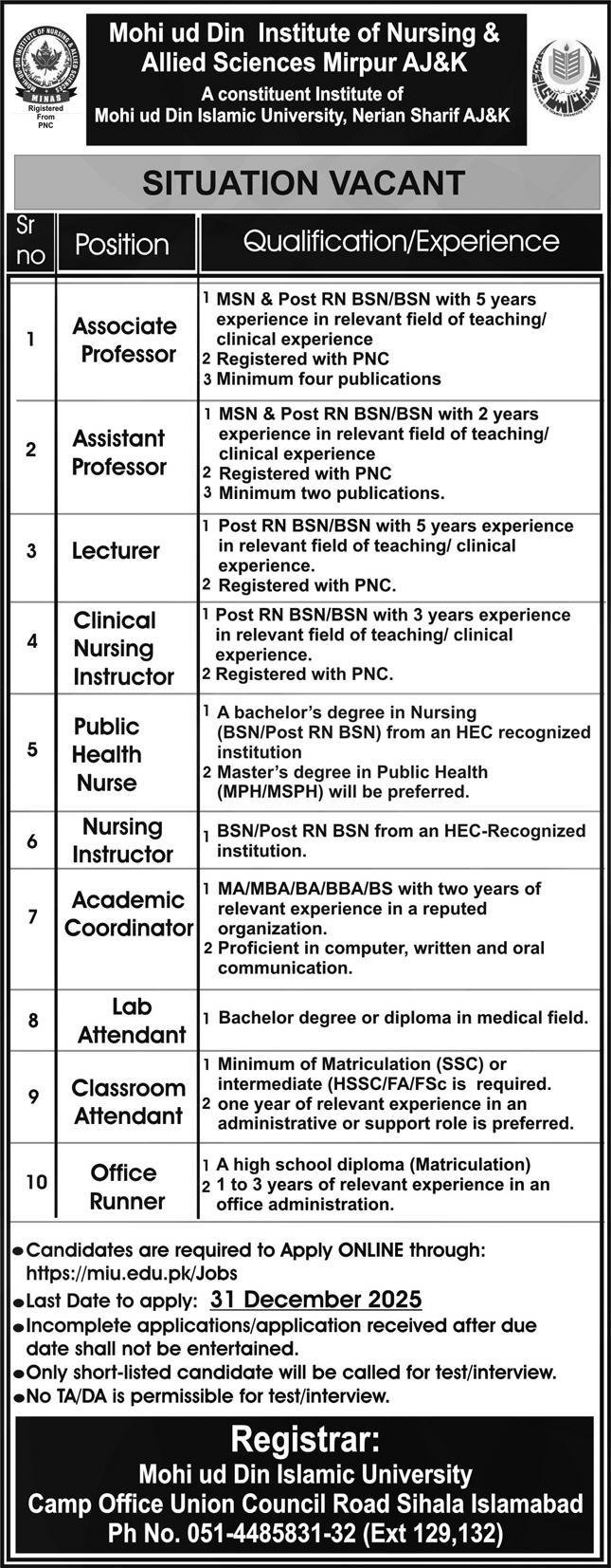 Mohi Ud Din Islamic University Jobs 2025 – Mohi-ud-Din Islamic University Nerian Sharif AJK Jobs 2025 — original advertisement