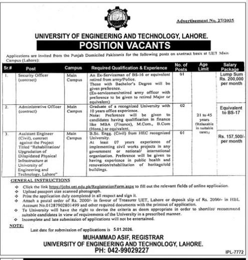 University of Engineering And Technology Lahore Jobs 2025 – University of Engineering  & Technology Lahore Jobs 2025 — original advertisement