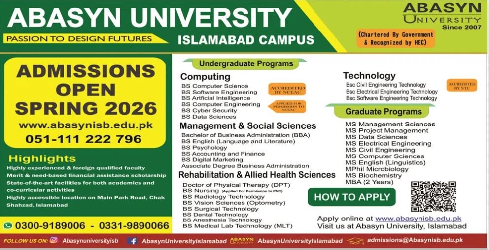 Admission Open in Abasyn University Islamabad Campus 2025 – Abasyn University Peshawar Admissions 2025 — original advertisement