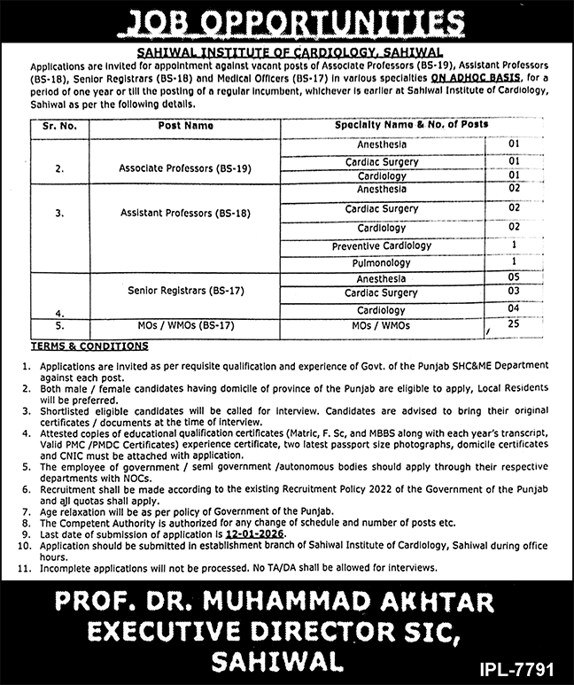 Sahiwal Institute Of Cardiology SIC Jobs 2026 – Punjab Institute of Cardiology Lahore Jobs 2025 — original advertisement