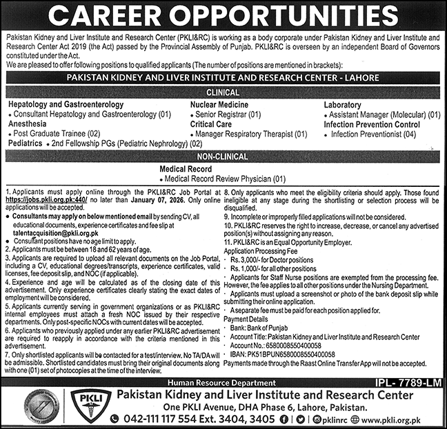 Pakistan Kidney And Liver Institute And Research Centre Jobs – Pakistan Kidney And Liver Institute (PKLI) And Research Centre Lahore Jobs 2025 — original advertisement