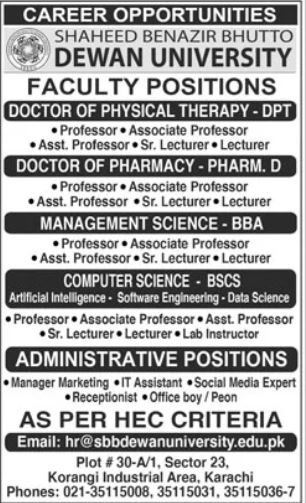 SBB Dewan University Jobs 2026 – Shaheed Benazir Bhutto Dewan University Jobs 2025 — original advertisement