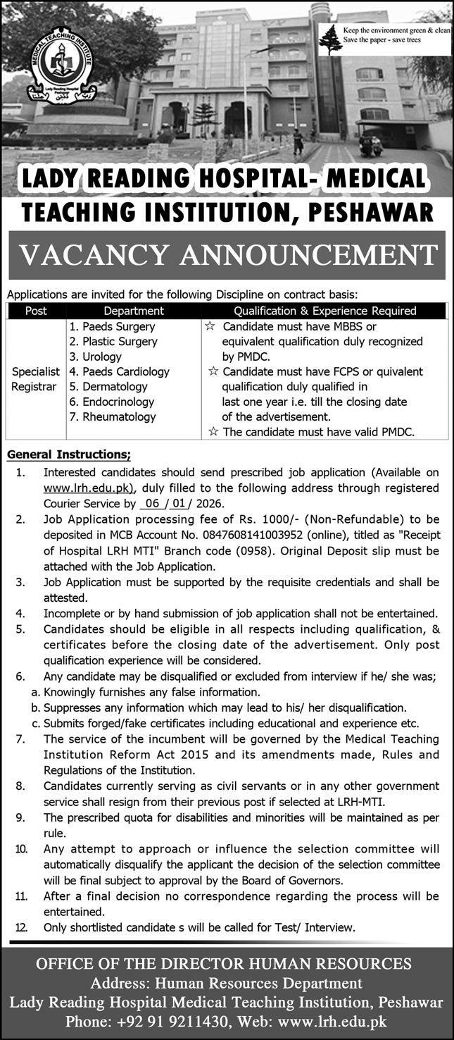Lady Reading Hospital LRH MTI Peshawar Jobs 2026 – Lady Reading Hospital Peshawar Jobs 2025 — original advertisement