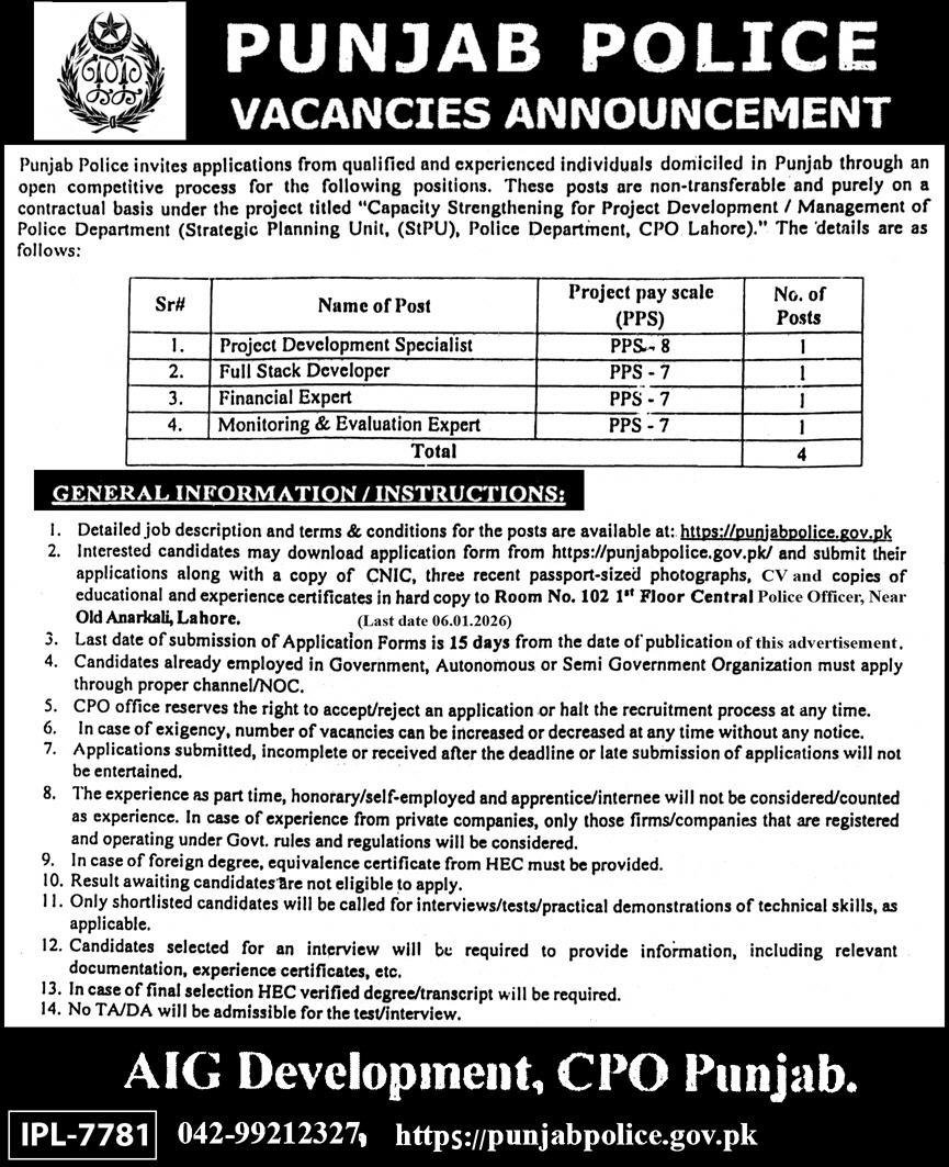 Punjab Police Jobs 2026 For Project Development Specialist Jobs 2025 — original advertisement